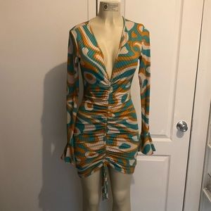 Deep Plunge Long Sleeve Ruched Dress